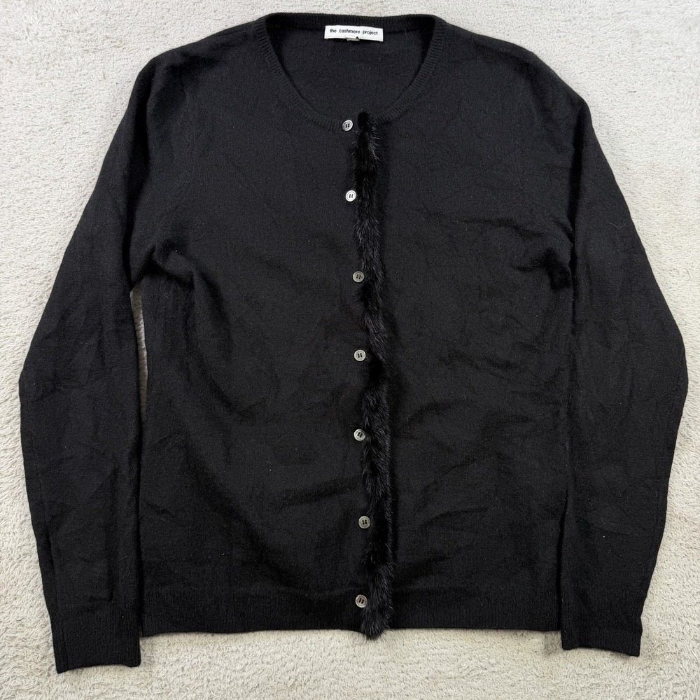 The Cashmere Project Cardigan Sweater Womens Medium Black 100% Mink Fur Trim